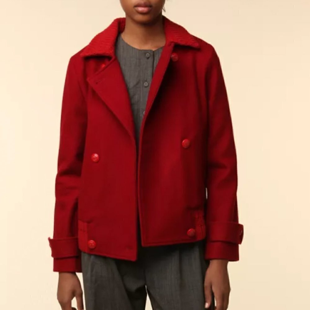 SALE Sessun France Ted Red Cropped Pea Coat Double-Breast Wool-Blend Knit Trim L